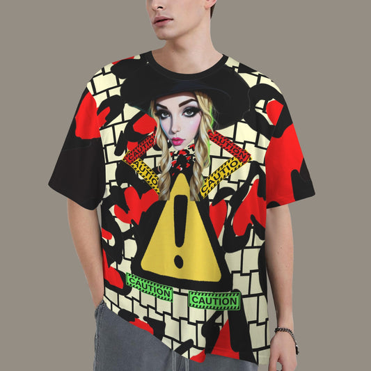 RANSIE CARTOON CAUTION YELLOW WALL HEARTS T-SHIRT - Caution