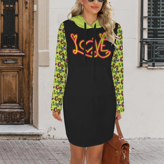 Love Is Not For All Pattern Hoodie Dress Joker Green Black