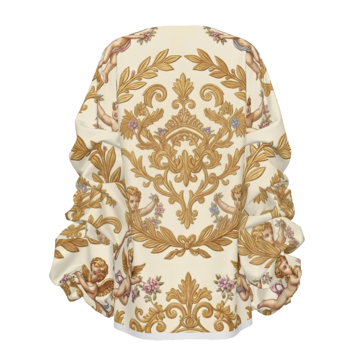 Baroque Putti Round Neck Shirred Long Sleeve Fleece Top