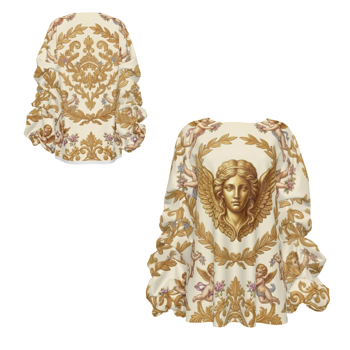 Baroque Putti Round Neck Shirred Long Sleeve Fleece Top