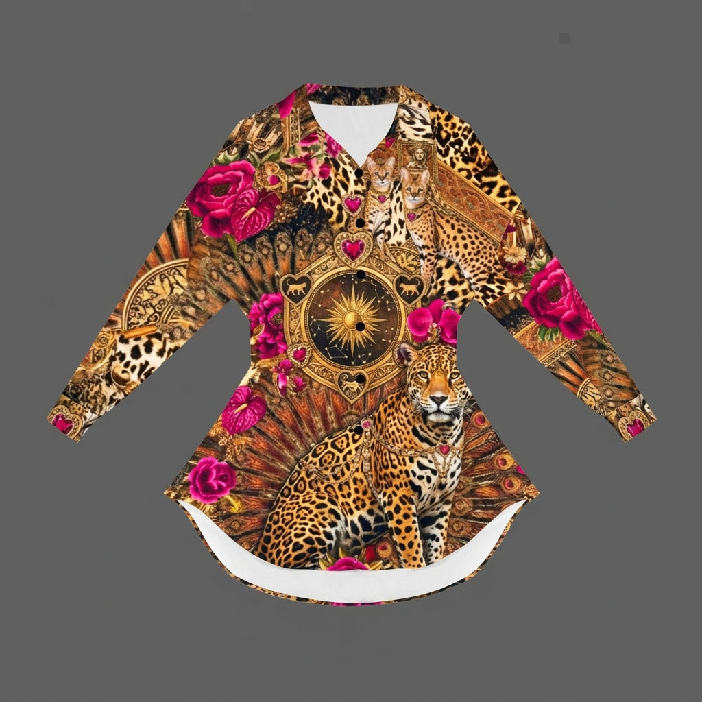 Opulent Leopard Long Sleeve Pleated Wastline Shirt Dress