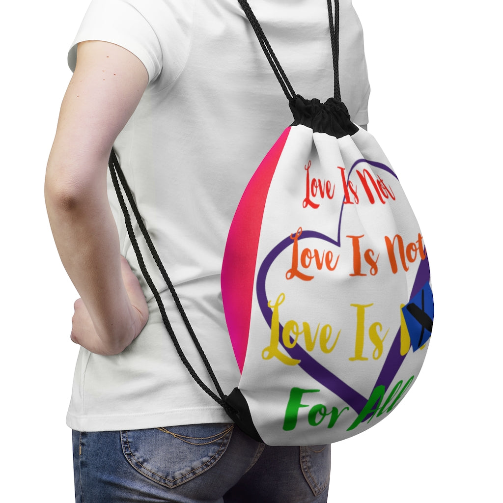 Human Rights LINFA Drawstring Bag White  Rainbow Purple Fading Back