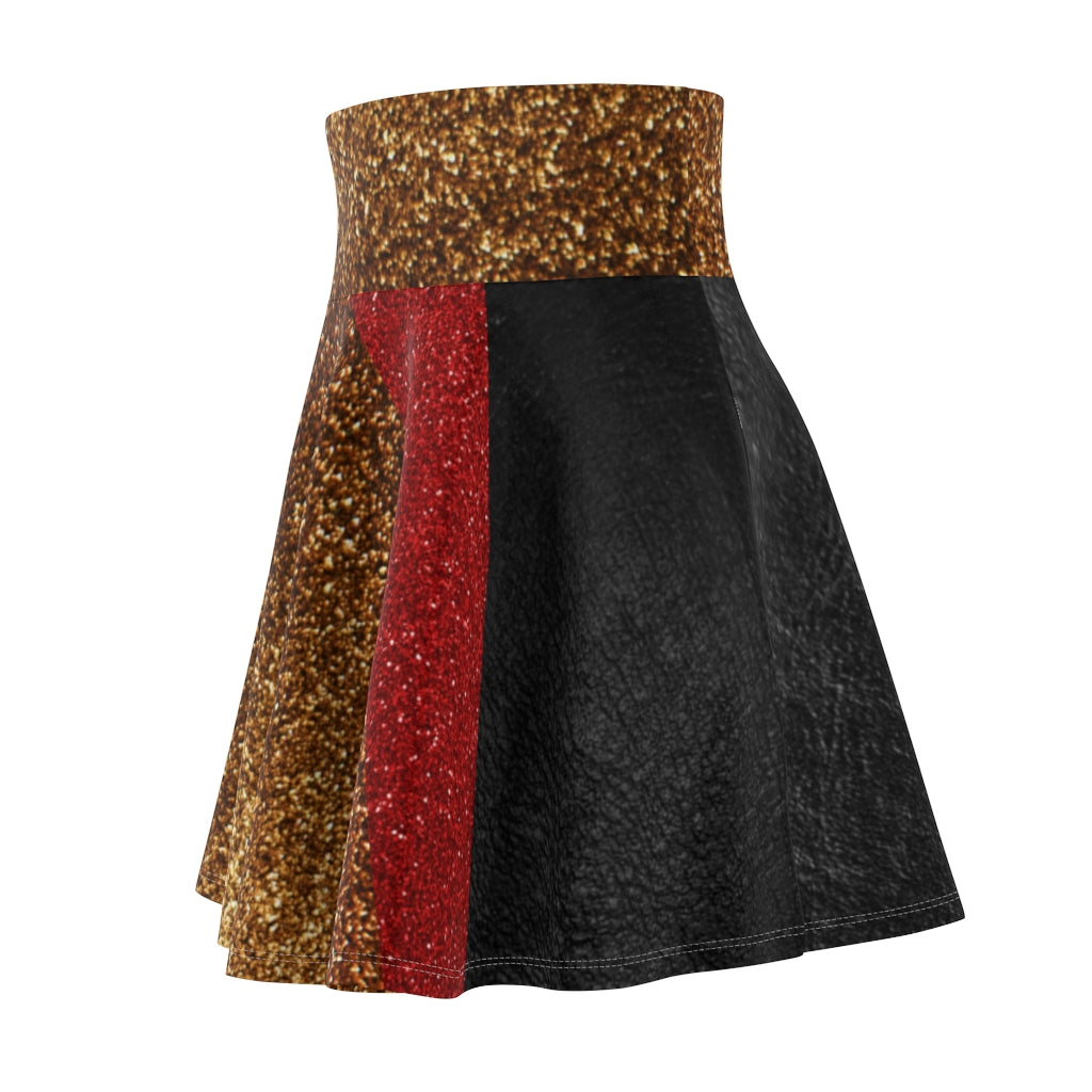 I'm Festive Women's Skater Skirt Black Leather Like Print Red/Brown/Gold Glitters Print