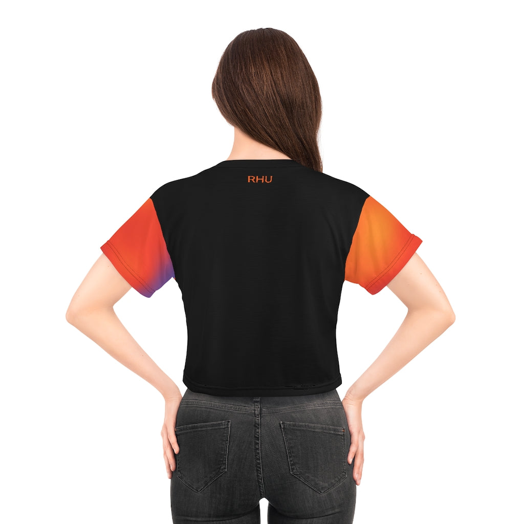 Human Rights LINFA AOP Crop Tee Black Orange Purple Sleeves