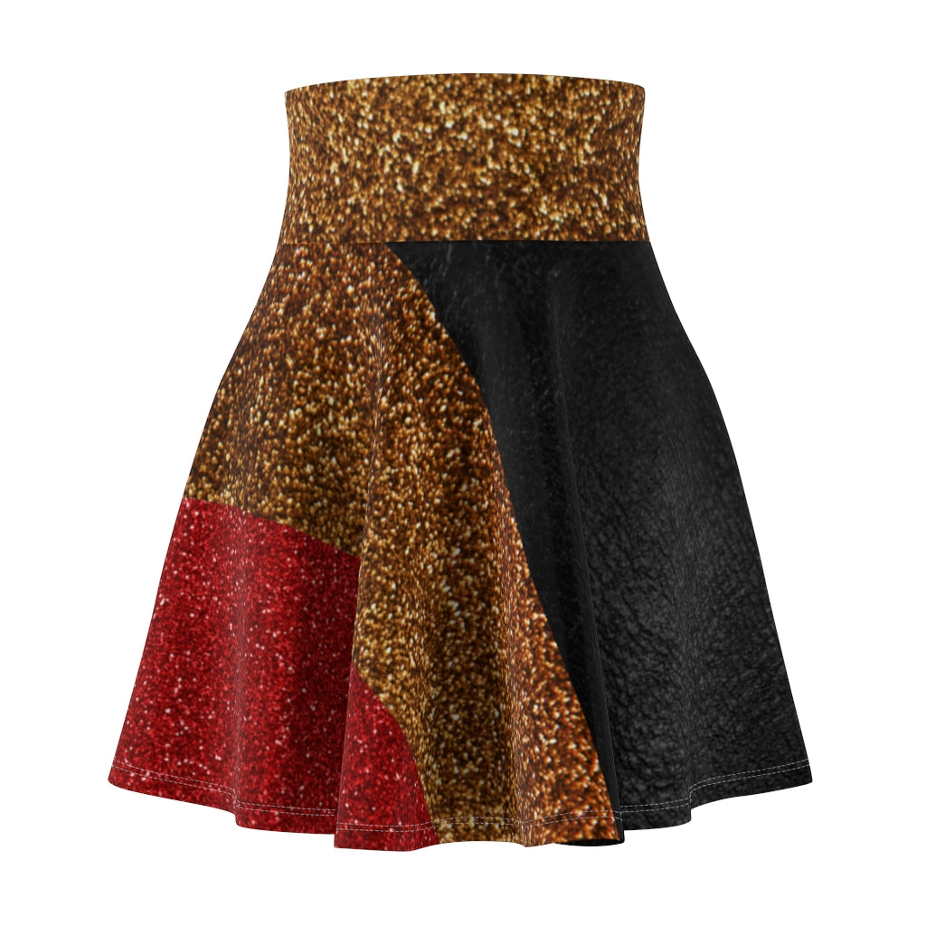 I'm Festive Women's Skater Skirt Black Leather Like Print Red/Brown/Gold Glitters Print 2