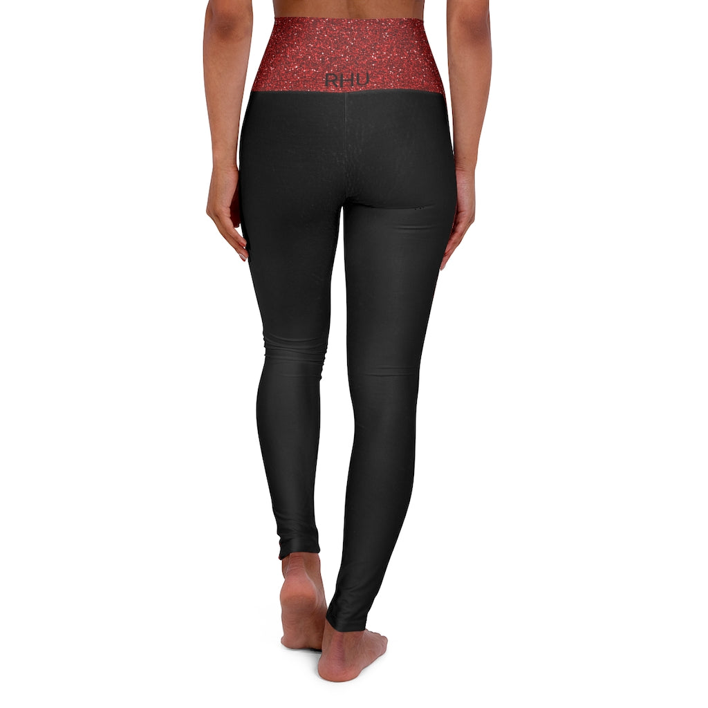 I'm Festive High Waisted Leggings Black Leather Red Glitter Print