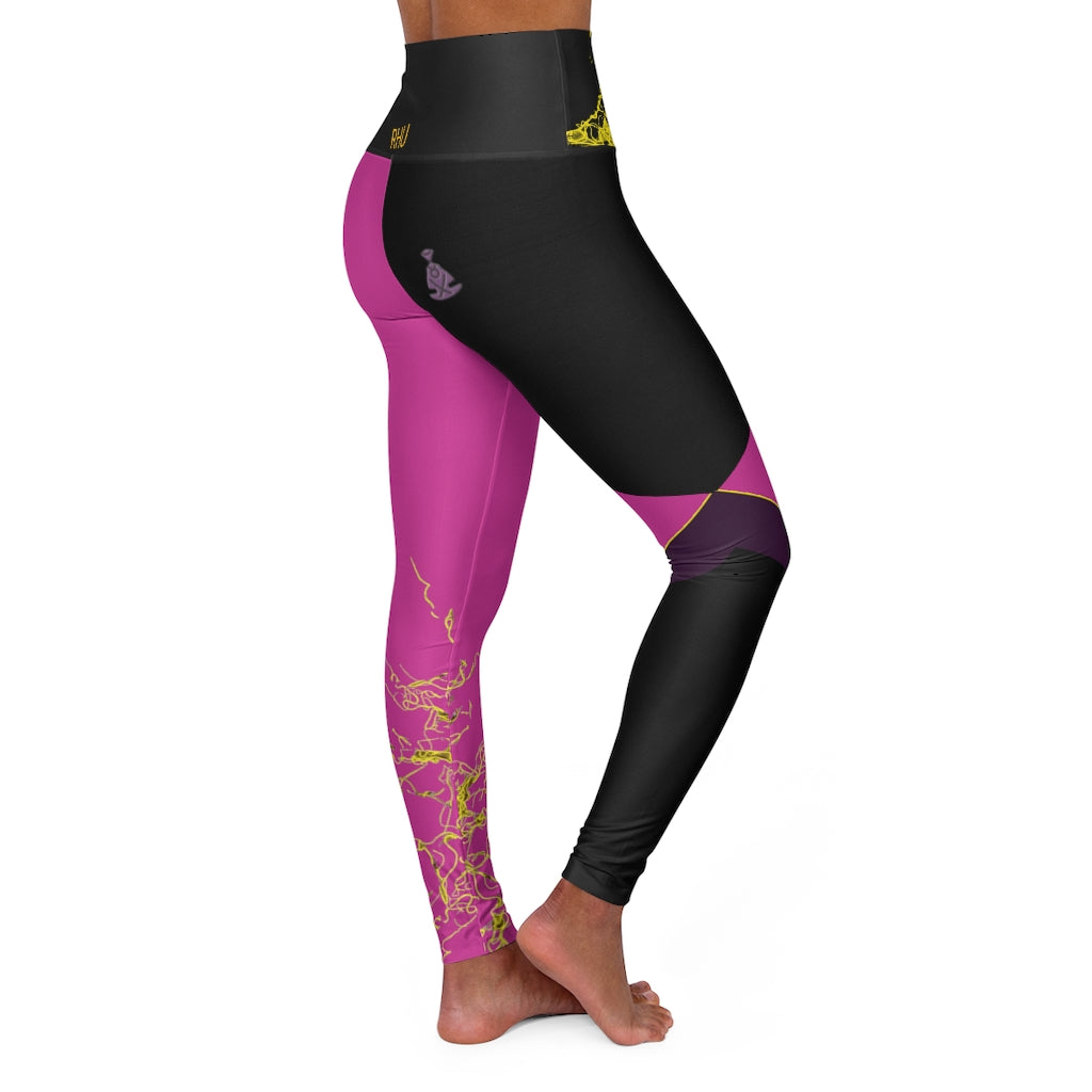 Gold Electric Lights Back Buddha Logo Est High Waisted Yoga Legging RHU Black/Dark Pink