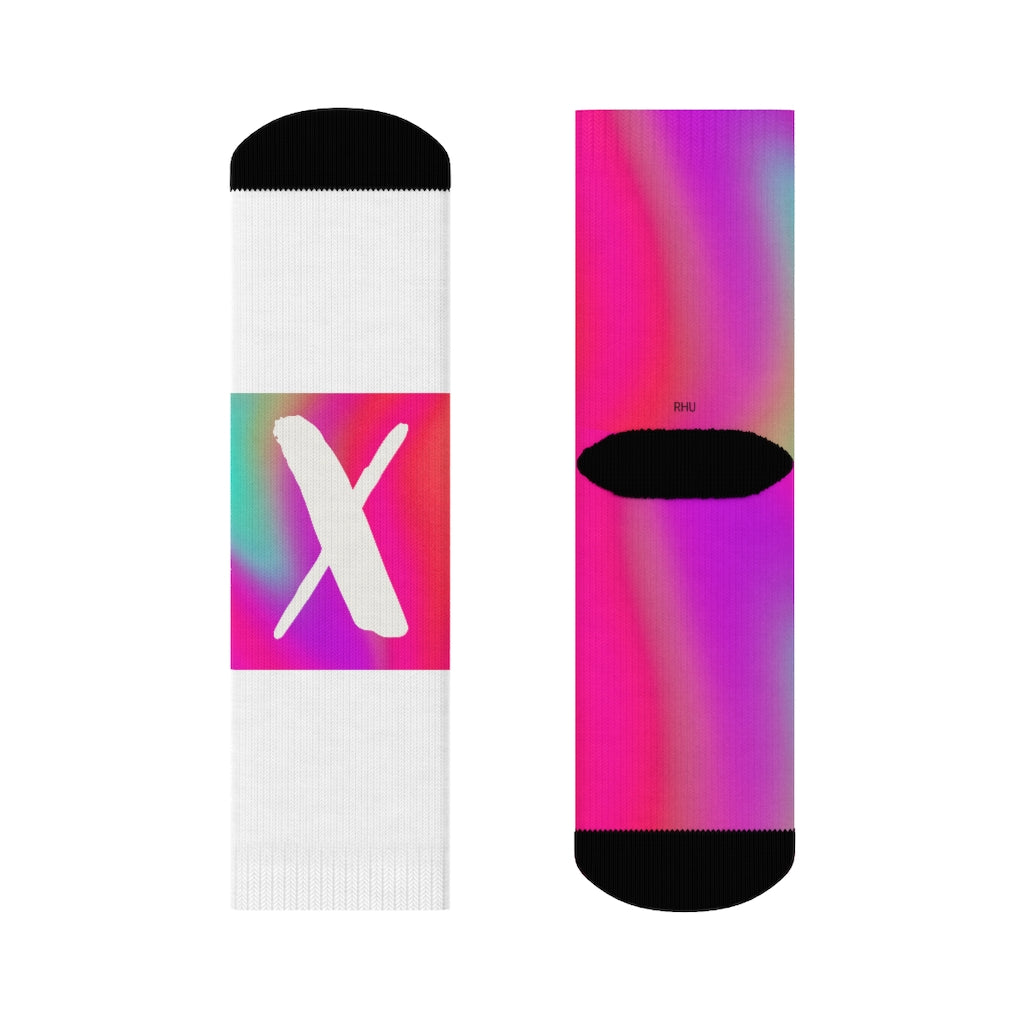 White Pink Purple Blue Fading X Crew Socks