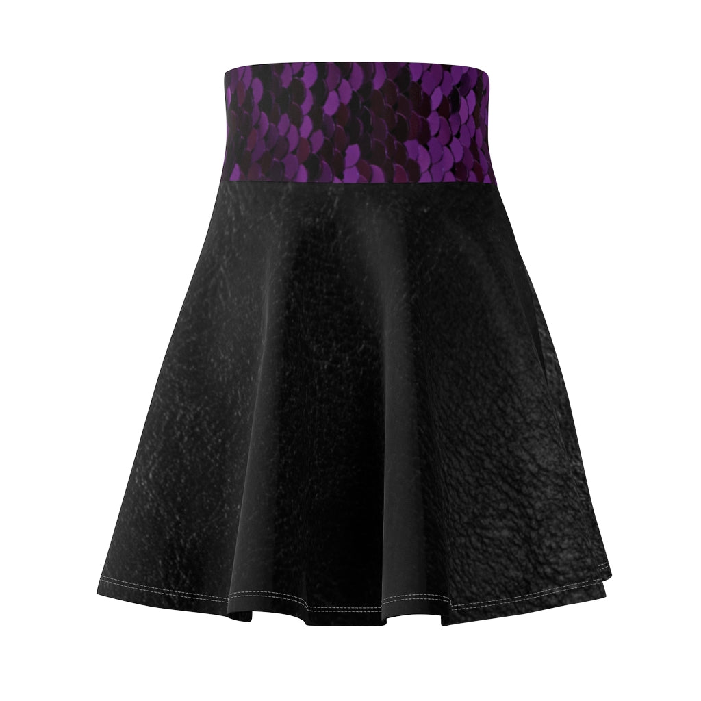 I'm Festive Women's Skater Skirt Black Leather/Purple Sequin Print