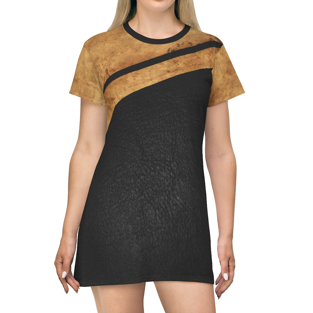 Black Leather Like Print Dress Light Brown Top