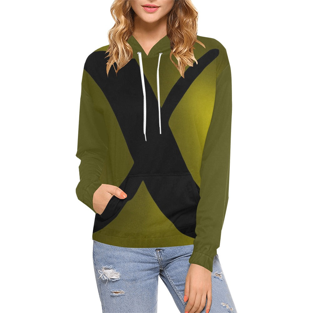 X Women Hoodie Green White Black (Solid Color Back)