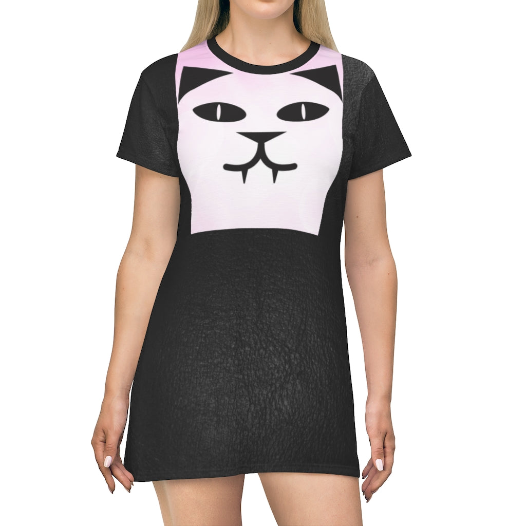 KittyKat T-Shirt Dress Black Leather Print