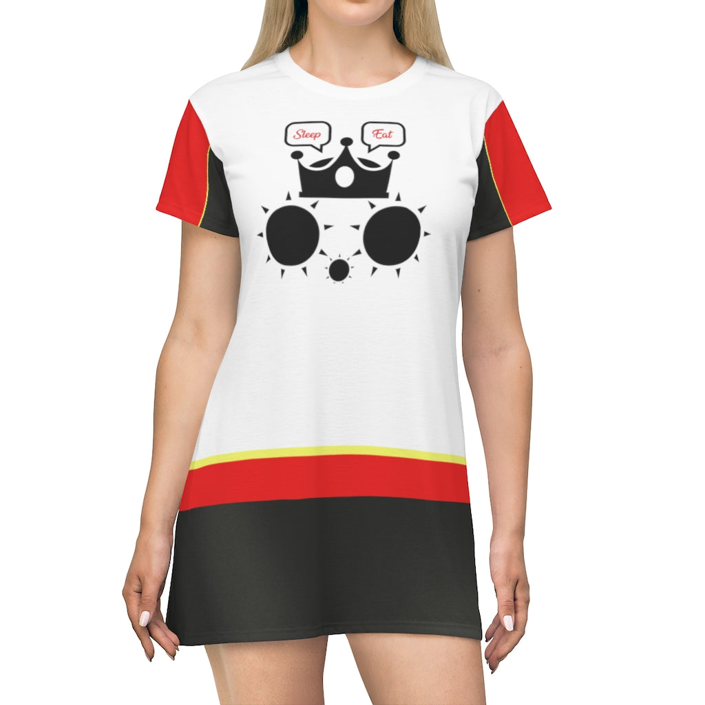 Cat Eat Sleep T-Shirt Dress White Black Red Sleeve