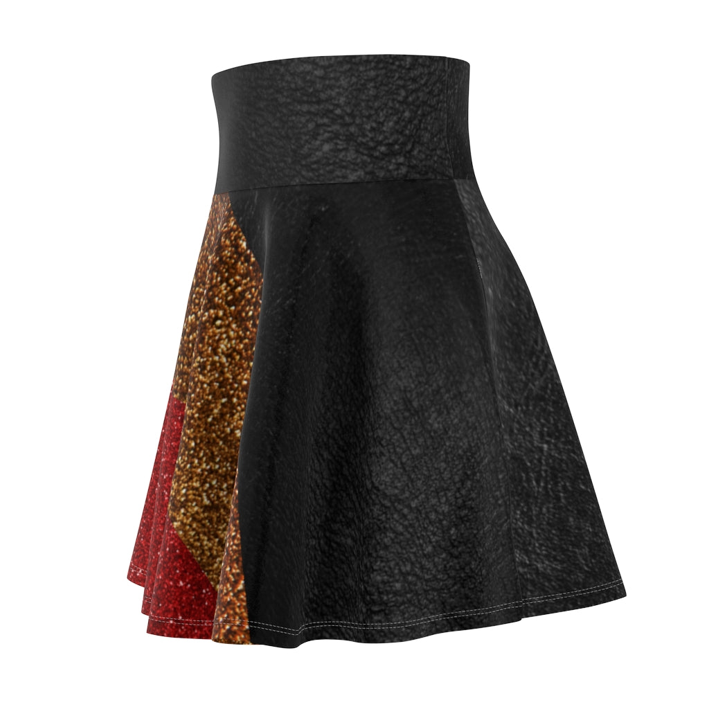 I'm Festive Women's Skater Skirt Black Leather Like Print Red/Brown/Gold Glitters Print 2 Black Leather Print Waistband