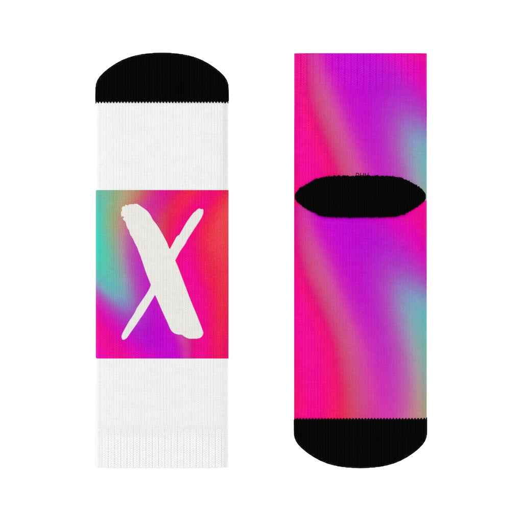 White Pink Purple Blue Fading X Crew Socks