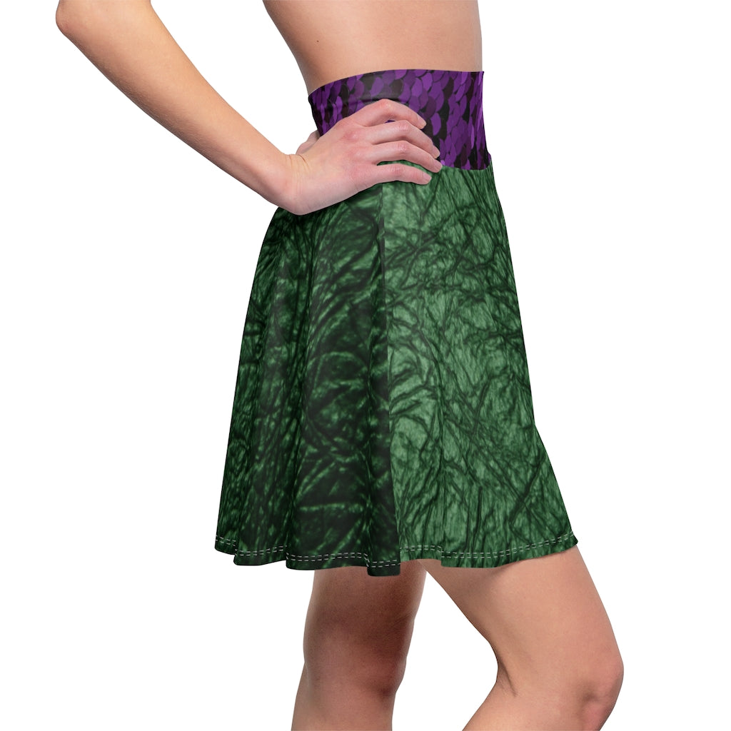 I'm Festive Women's Skater Skirt Green Leather/Purple Sequin Print