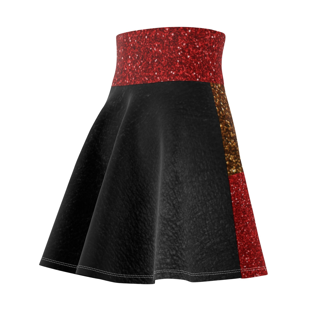 I'm Festive Women's Skater Skirt Black Leather Like Print Red/Brown/Gold Glitters Print 2 Red Waistband