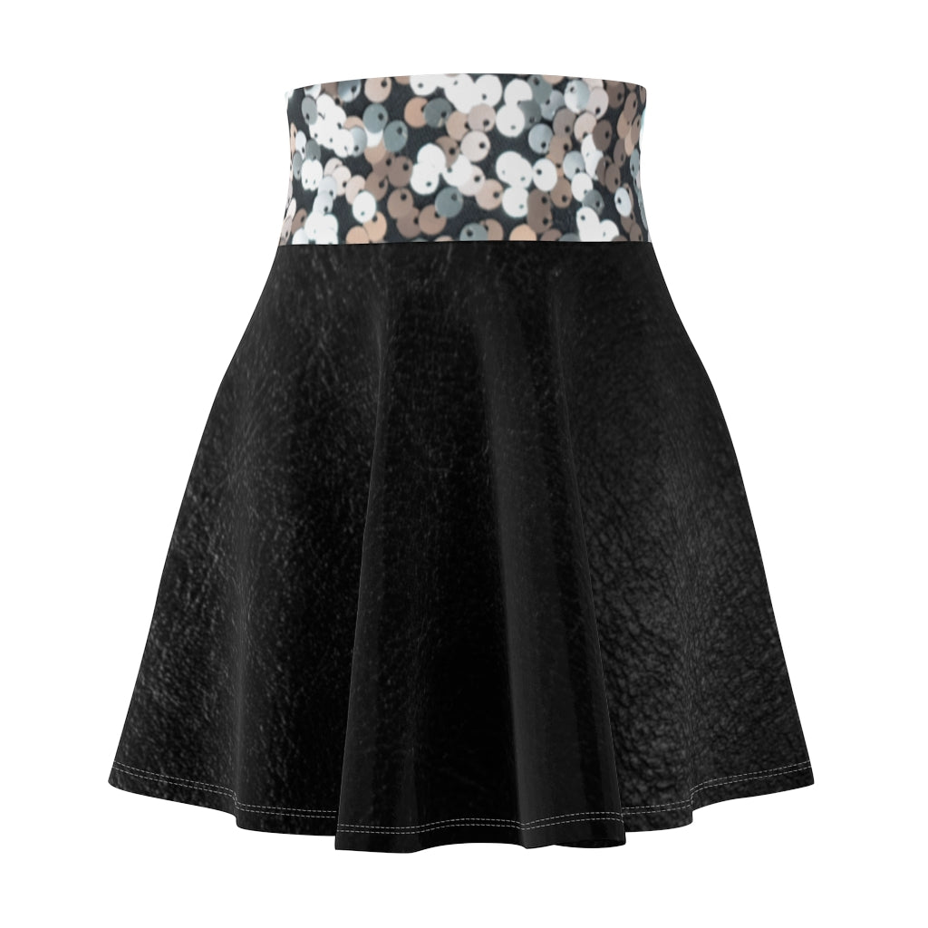 I'm Festive Women's Skater Skirt Black Leather/Iridescent Sequin Print