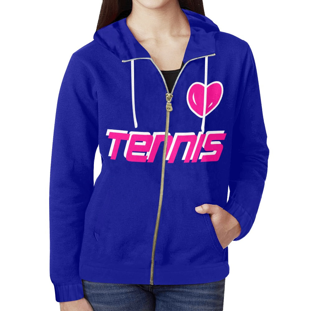 Love Tennis Women's Full Zip Hoodie Blue