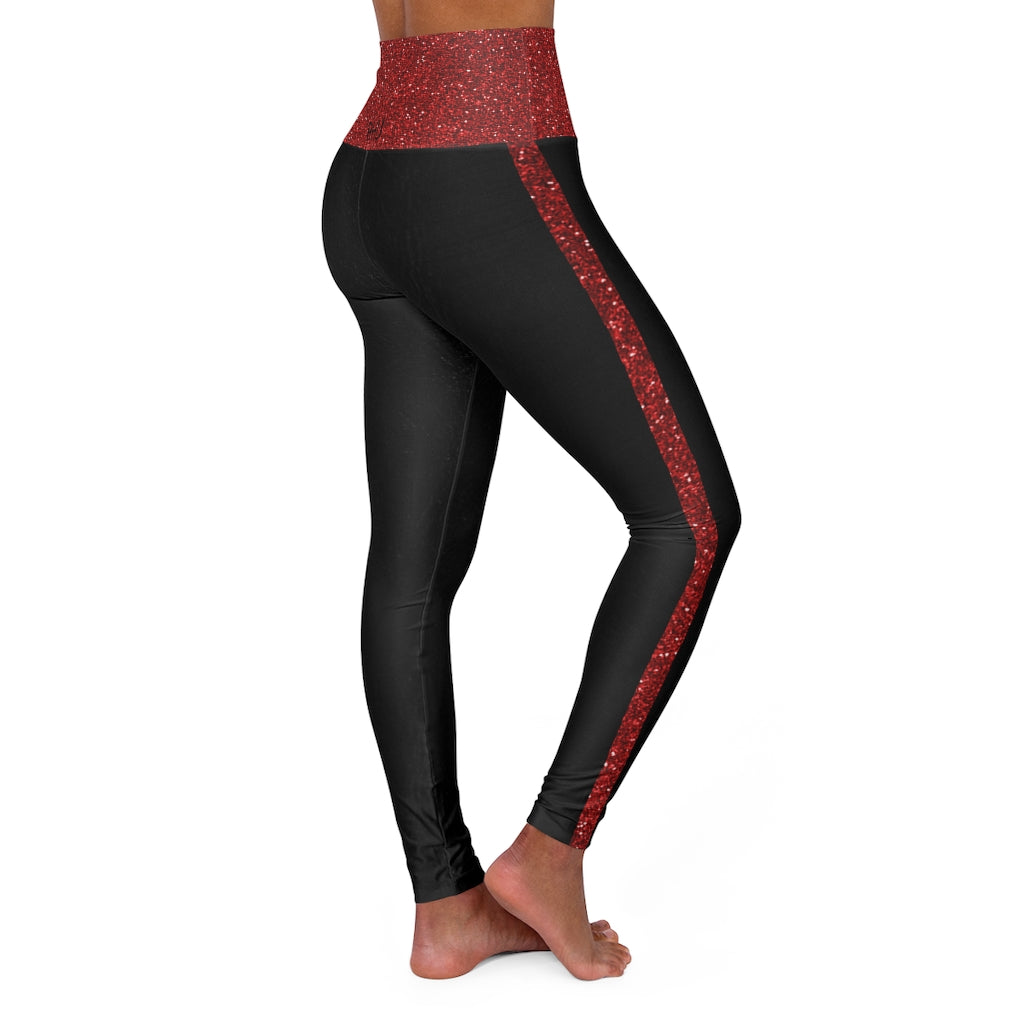 I'm Festive High Waisted Leggings Black Leather Red Glitter Print