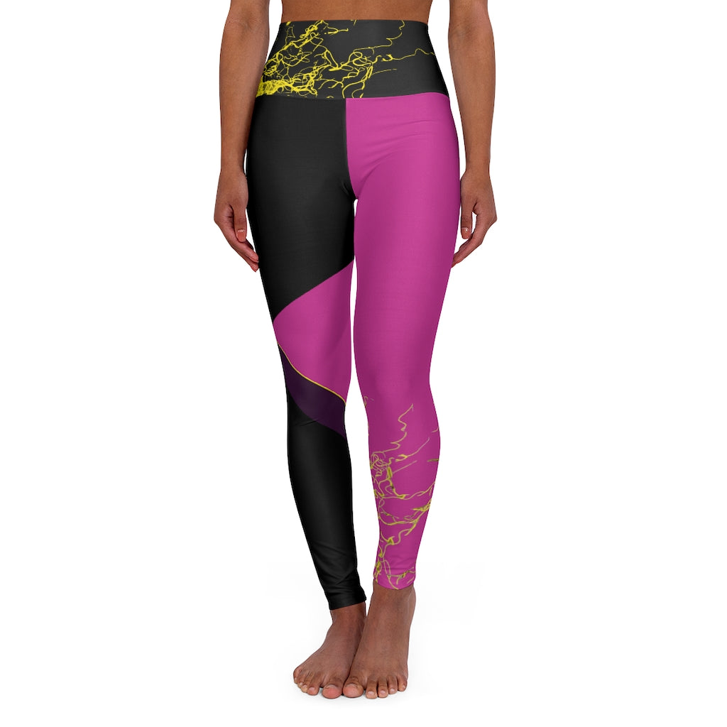 Gold Electric Lights Back Buddha Logo Est High Waisted Yoga Legging RHU Black/Dark Pink