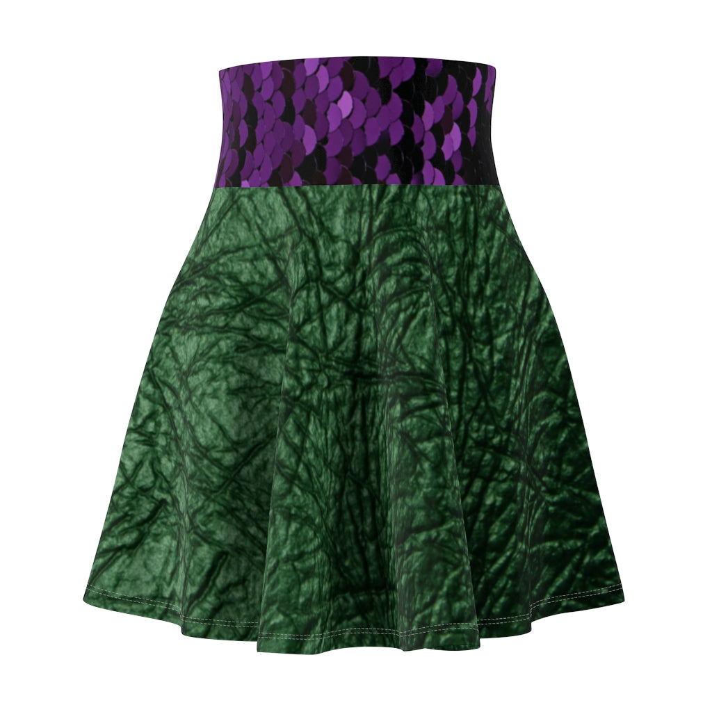 I'm Festive Women's Skater Skirt Green Leather/Purple Sequin Print