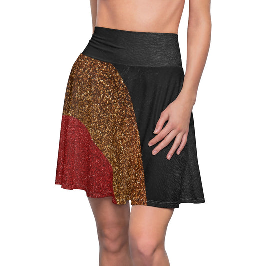 I'm Festive Women's Skater Skirt Black Leather Like Print Red/Brown/Gold Glitters Print 2 Black Leather Print Waistband