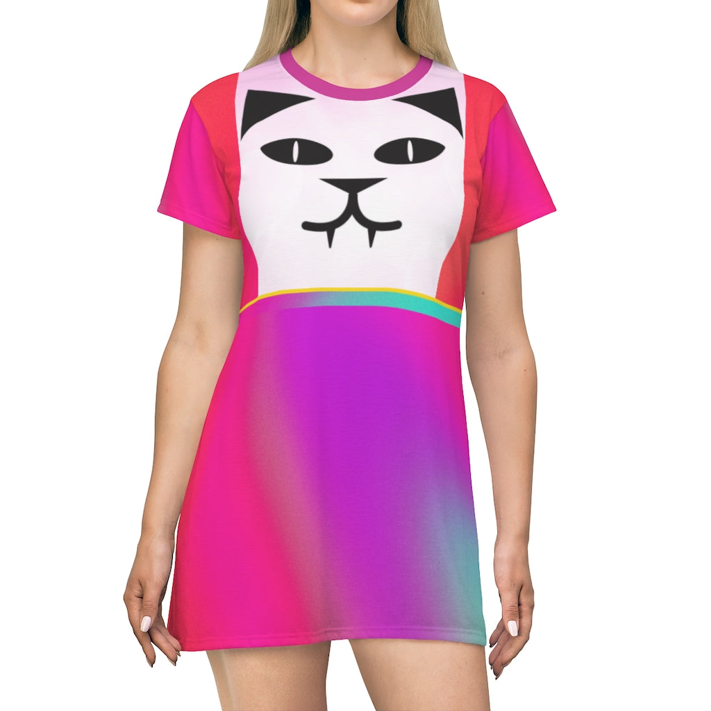 KittyKat T-Shirt Dress White Pink Ocean