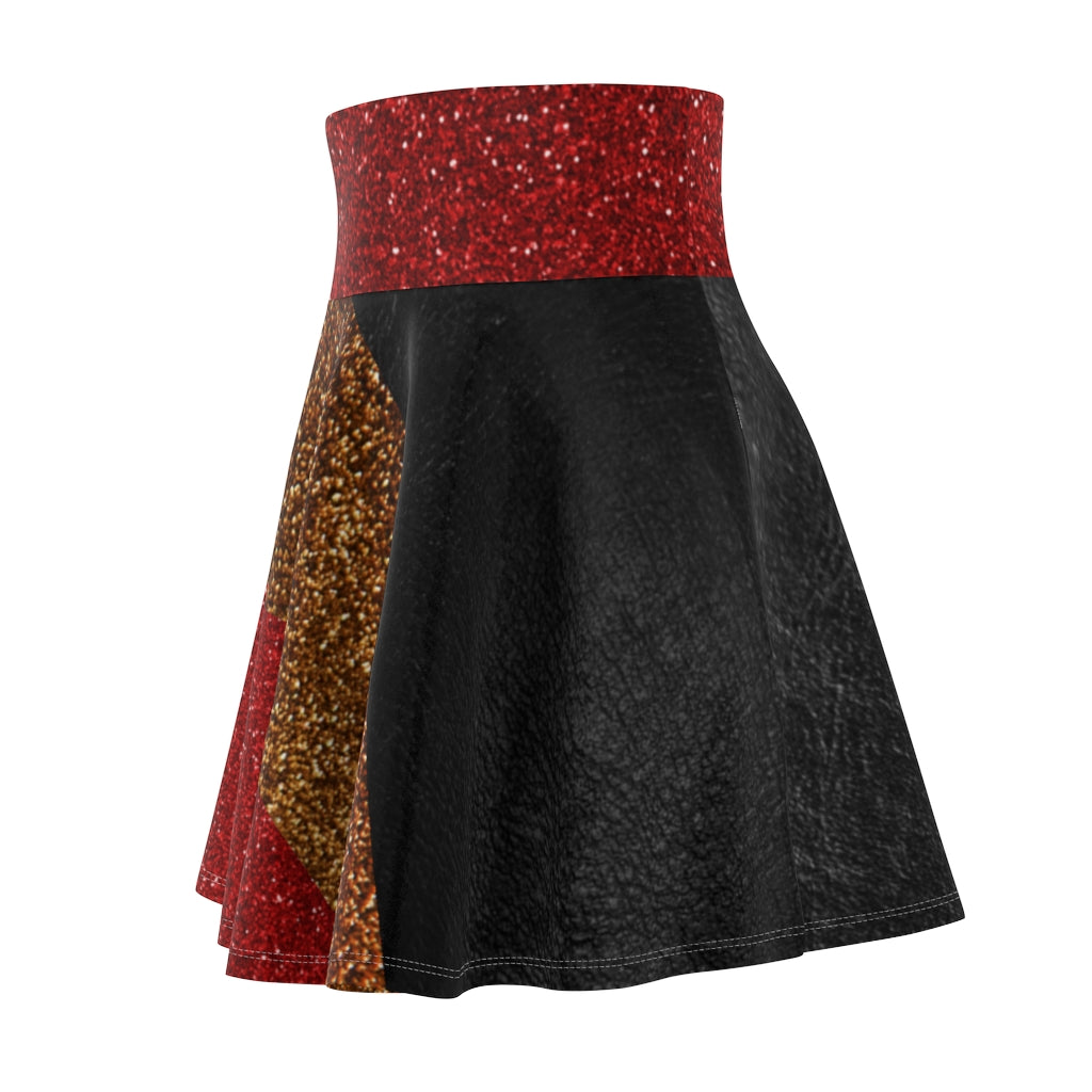 I'm Festive Women's Skater Skirt Black Leather Like Print Red/Brown/Gold Glitters Print 2 Red Waistband