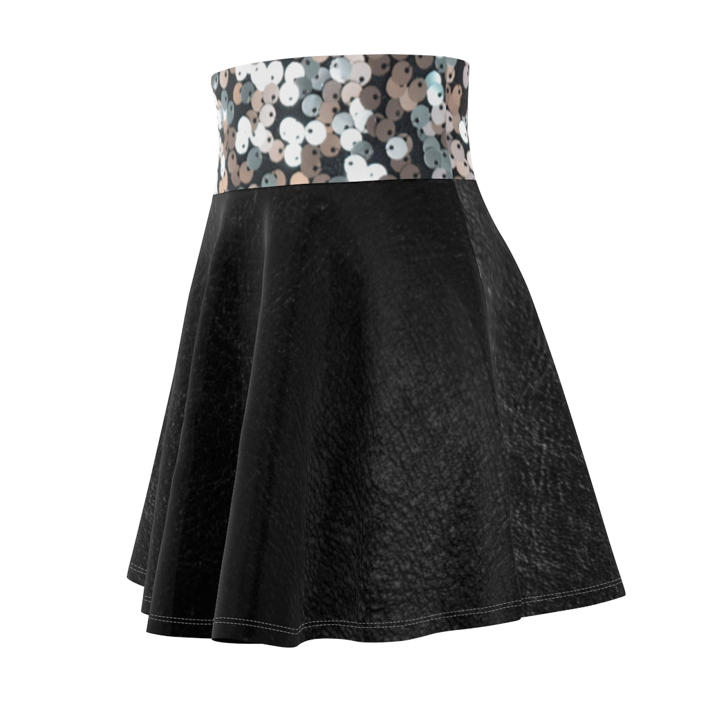 I'm Festive Women's Skater Skirt Black Leather/Iridescent Sequin Print