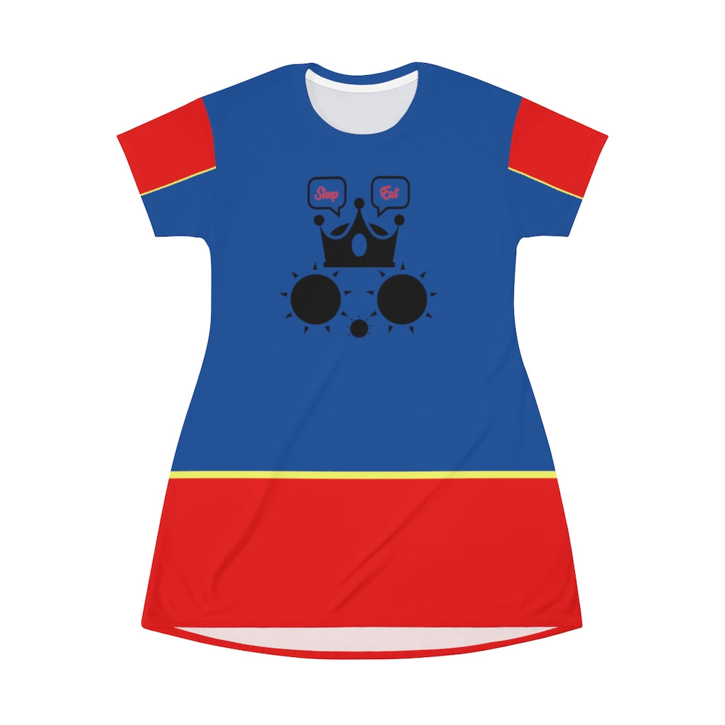 Cat Eat Sleep T-Shirt Dress Blue Red Sleeve