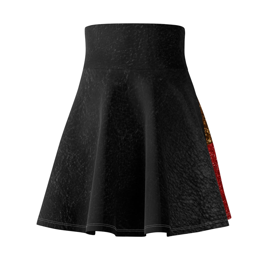 I'm Festive Women's Skater Skirt Black Leather Like Print Red/Brown/Gold Glitters Print 2 Black Leather Print Waistband