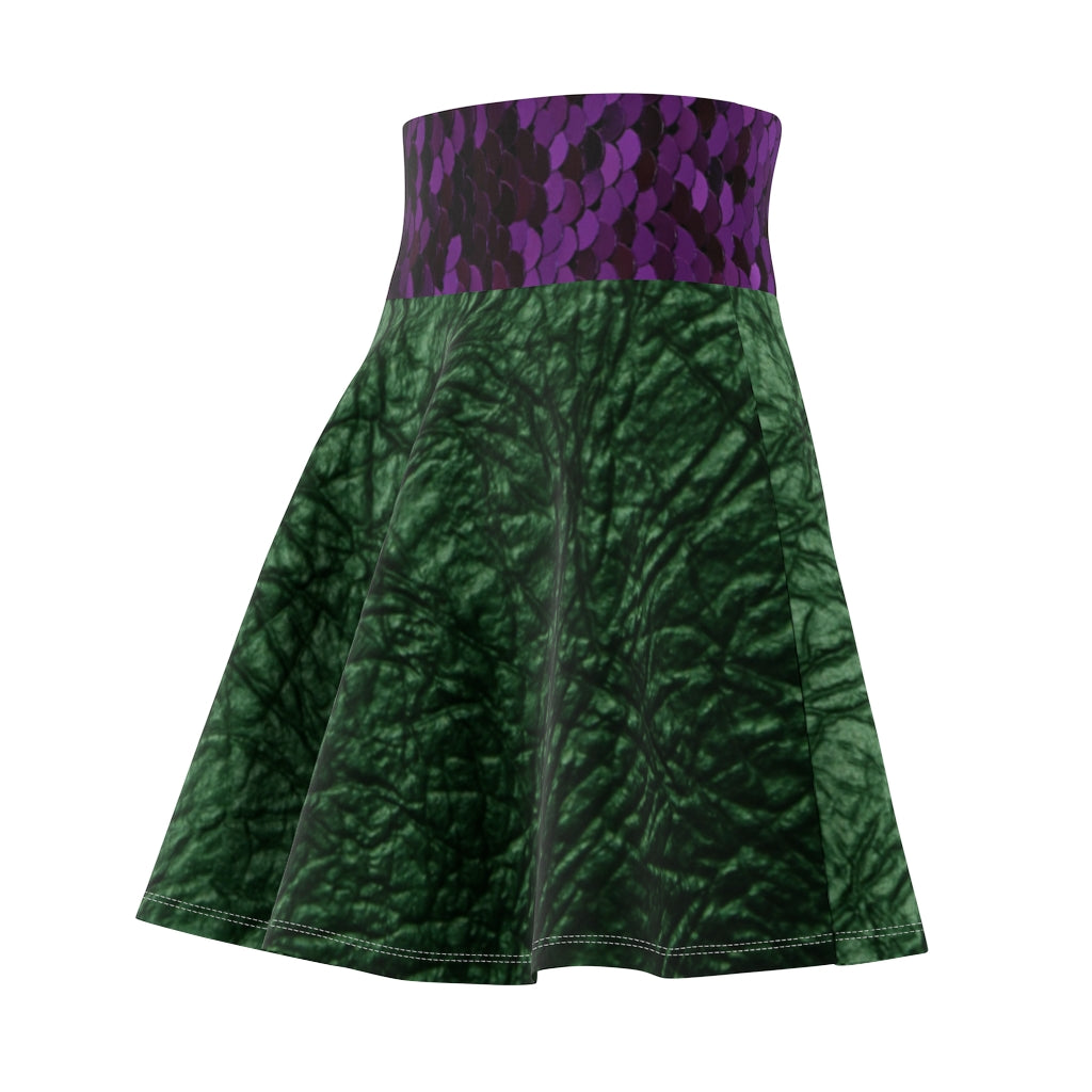 I'm Festive Women's Skater Skirt Green Leather/Purple Sequin Print