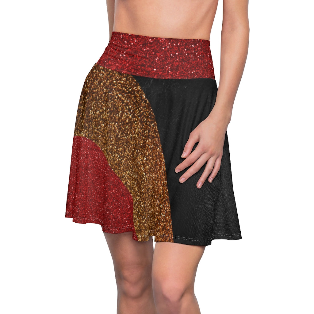 I'm Festive Women's Skater Skirt Black Leather Like Print Red/Brown/Gold Glitters Print 2 Red Waistband