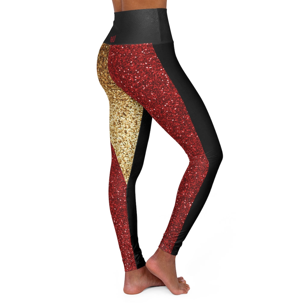 I'm Festive High Waisted Leggings Black LeatherPrint  Front Red Glitter Leopard Print