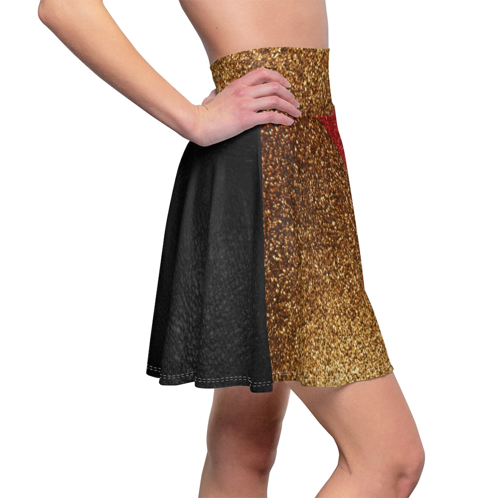 I'm Festive Women's Skater Skirt Black Leather Like Print Red/Brown/Gold Glitters Print