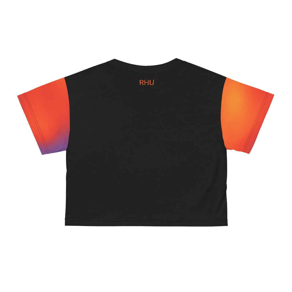 Human Rights LINFA AOP Crop Tee Black Orange Purple Sleeves