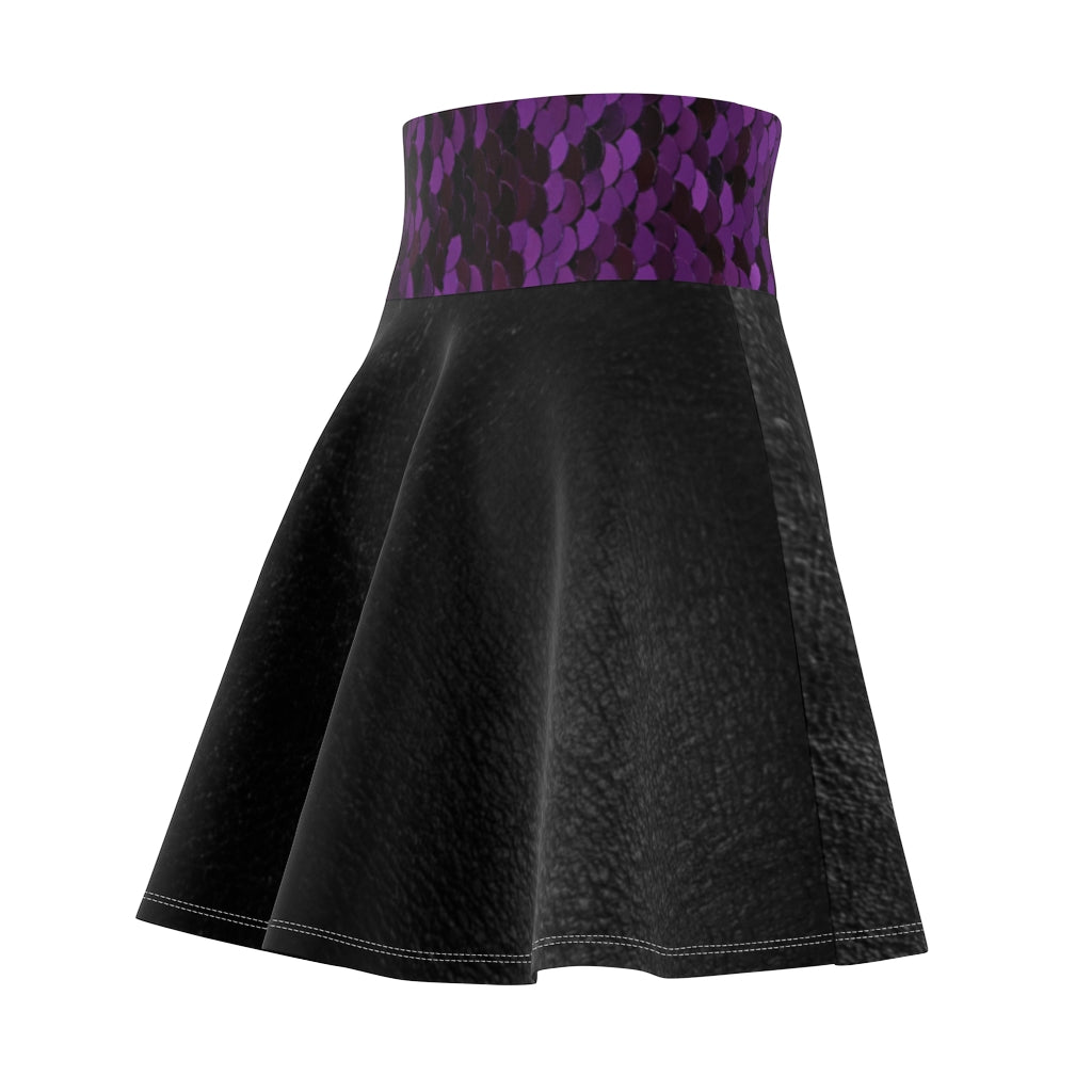 I'm Festive Women's Skater Skirt Black Leather/Purple Sequin Print