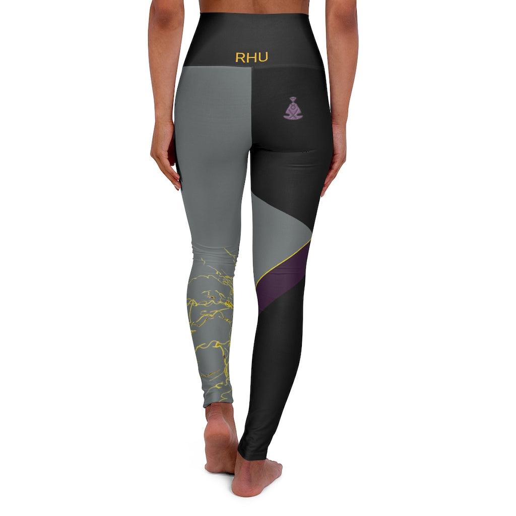 Gold Electric Lights Back Buddha Logo Est High Waisted Yoga Legging RHU Black/Dark Grey