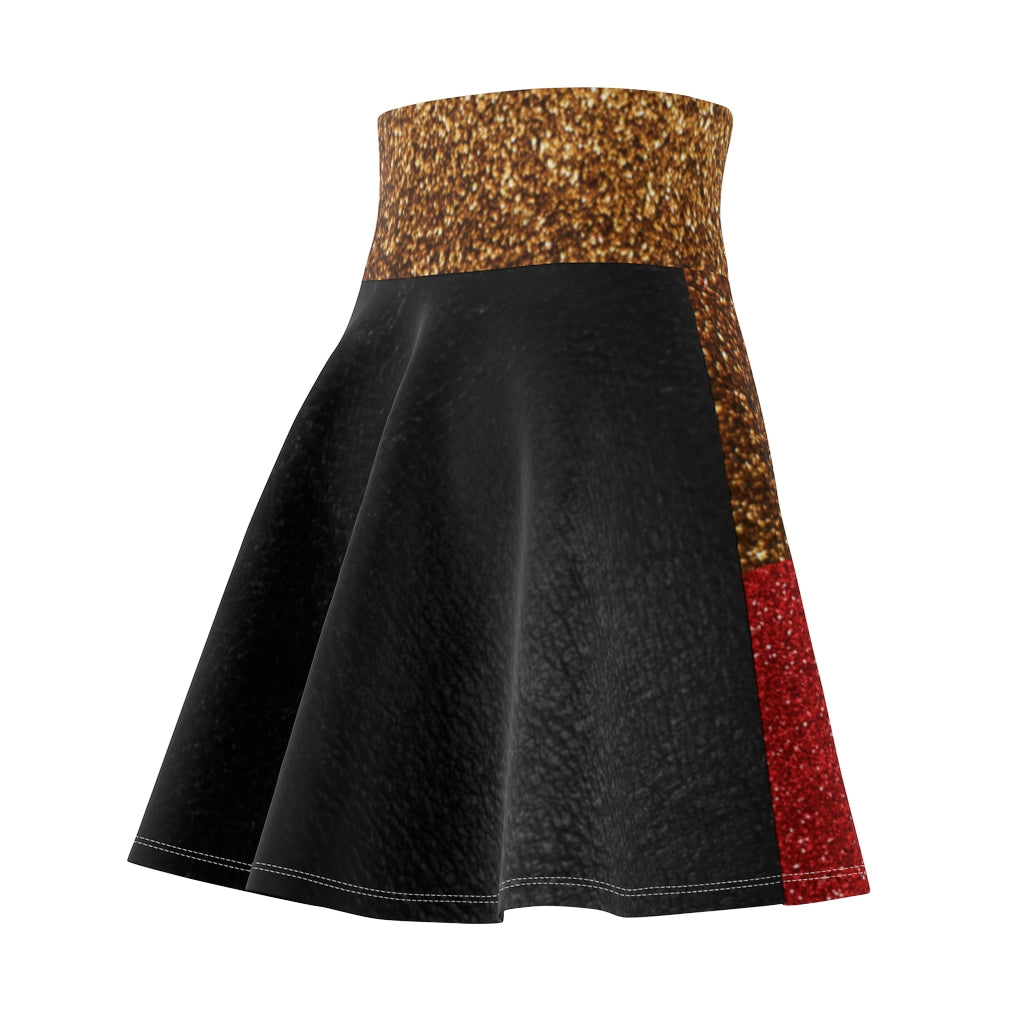 I'm Festive Women's Skater Skirt Black Leather Like Print Red/Brown/Gold Glitters Print 2