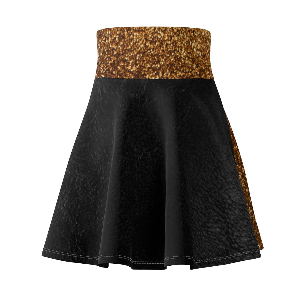 I'm Festive Women's Skater Skirt Black Leather Like Print Red/Brown/Gold Glitters Print