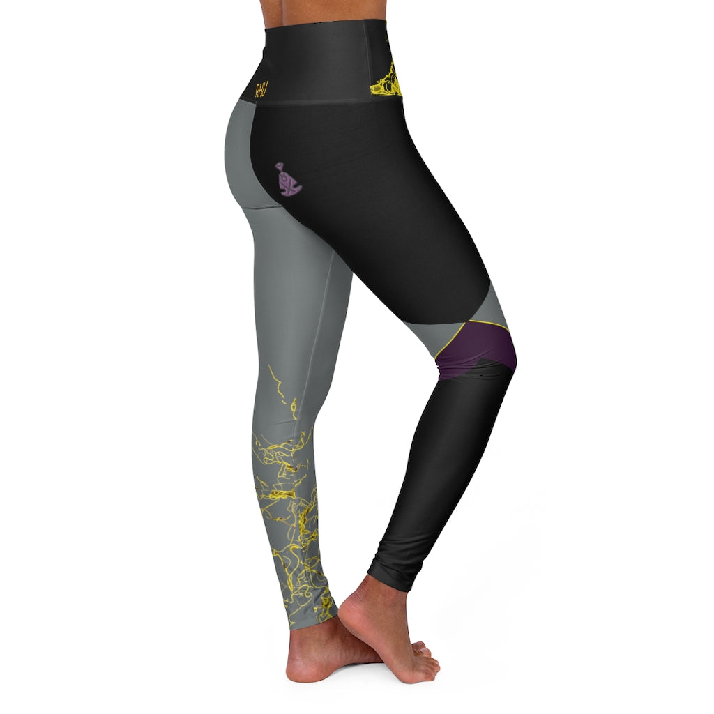 Gold Electric Lights Back Buddha Logo Est High Waisted Yoga Legging RHU Black/Dark Grey