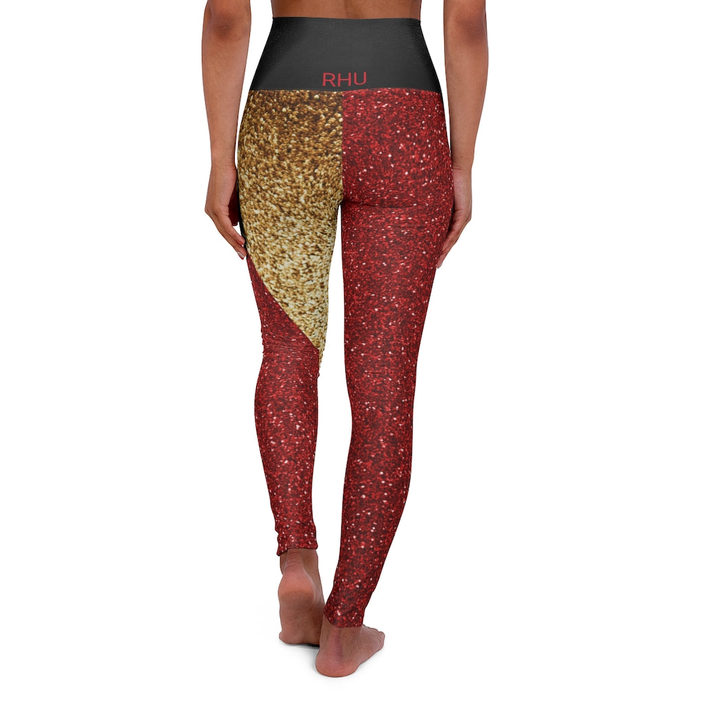 I'm Festive High Waisted Leggings Black LeatherPrint  Front Red Glitter Leopard Print