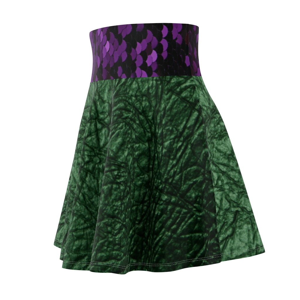 I'm Festive Women's Skater Skirt Green Leather/Purple Sequin Print