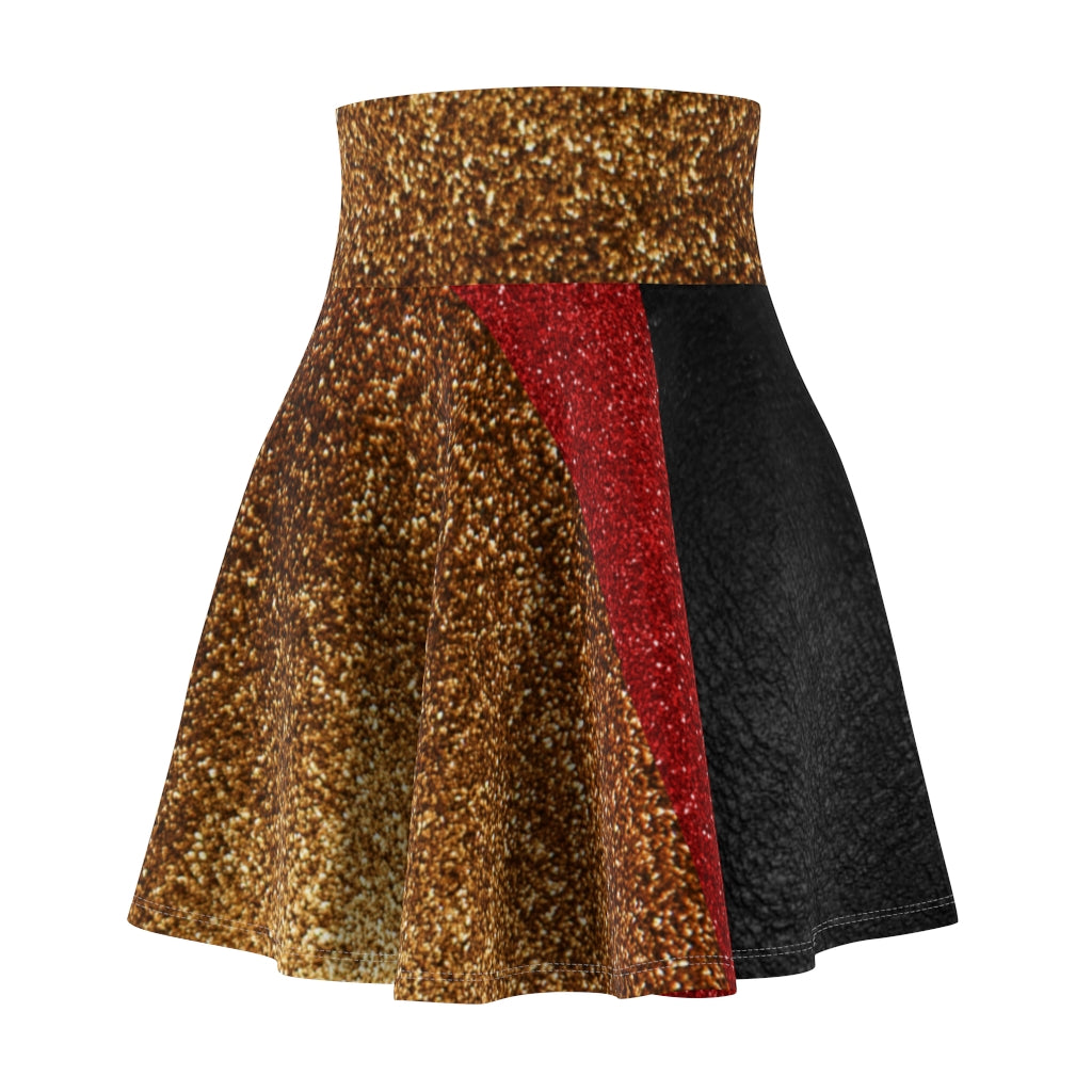 I'm Festive Women's Skater Skirt Black Leather Like Print Red/Brown/Gold Glitters Print