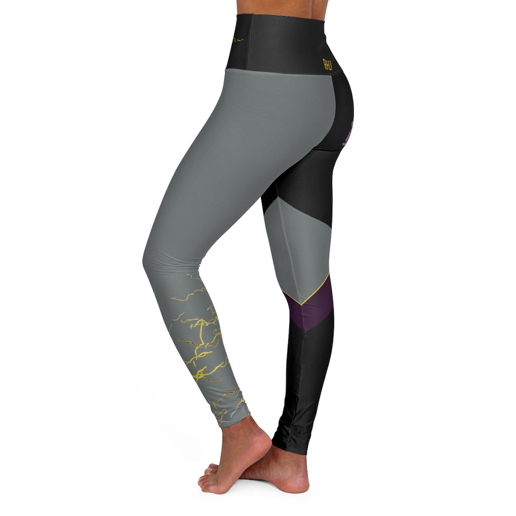 Gold Electric Lights Back Buddha Logo Est High Waisted Yoga Legging RHU Black/Dark Grey