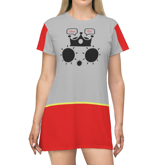 Cat Eat Sleep T-Shirt Dress Grey Red Sleeve