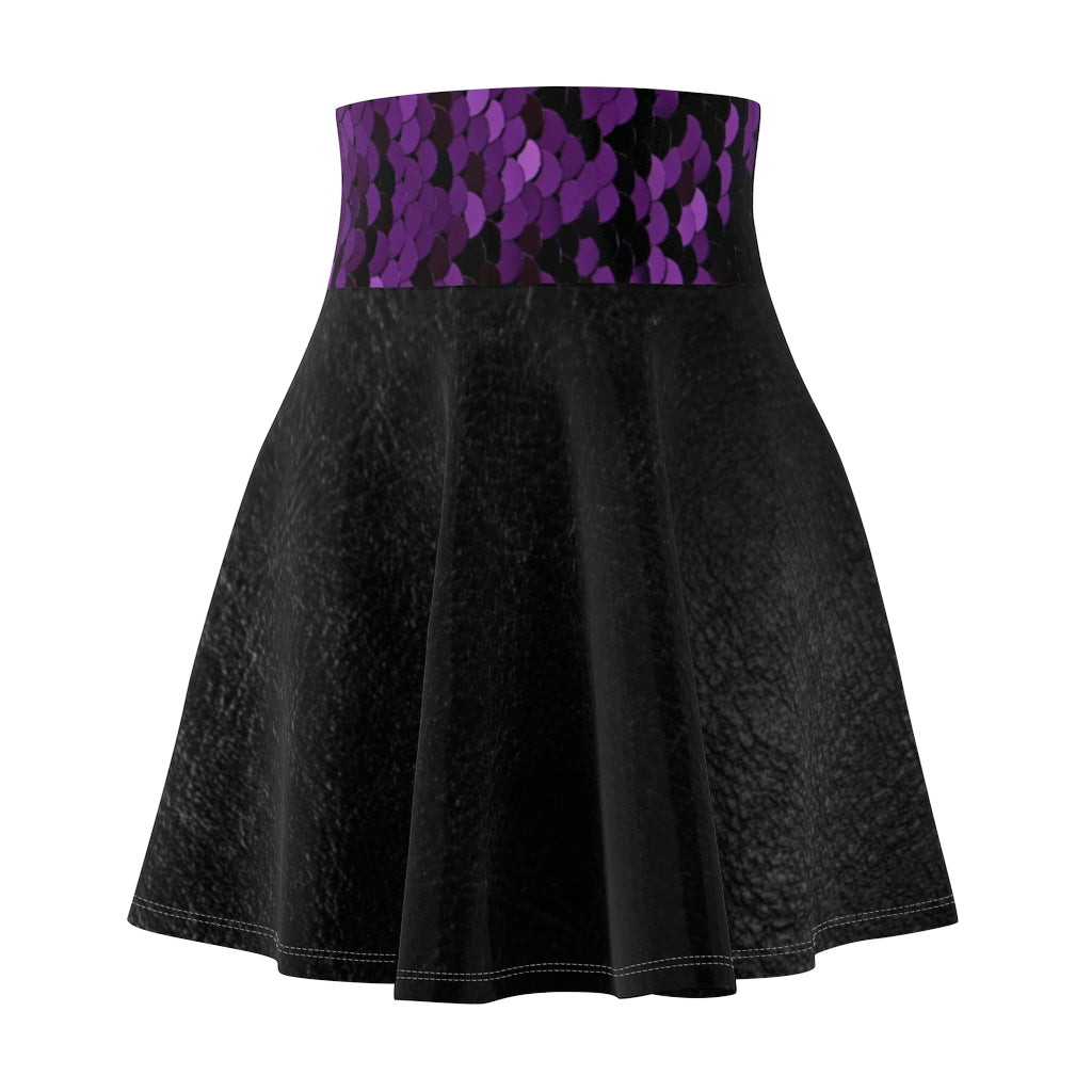 I'm Festive Women's Skater Skirt Black Leather/Purple Sequin Print