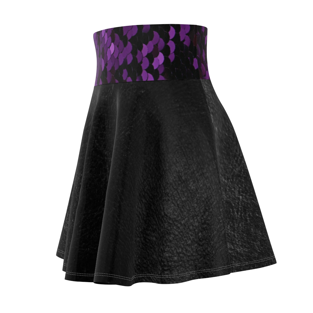 I'm Festive Women's Skater Skirt Black Leather/Purple Sequin Print