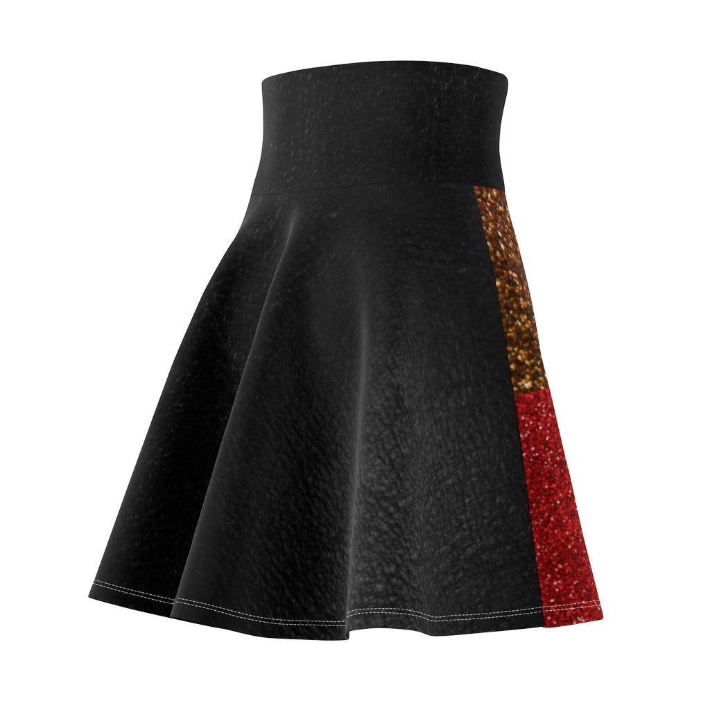 I'm Festive Women's Skater Skirt Black Leather Like Print Red/Brown/Gold Glitters Print 2 Black Leather Print Waistband